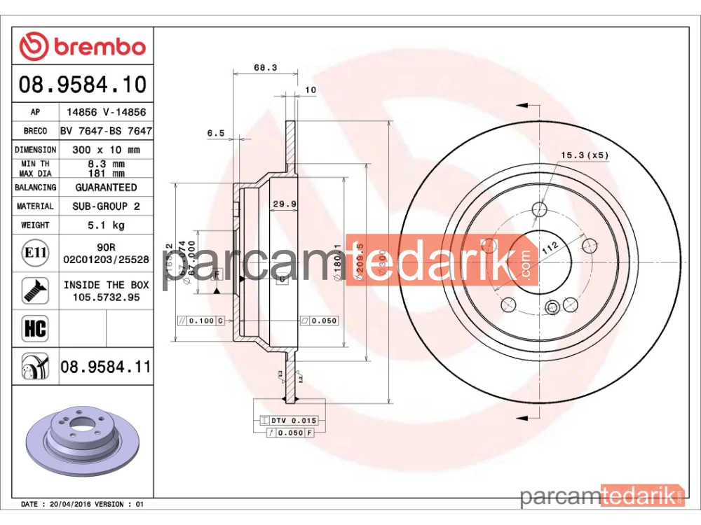 BREMBO 08958411 | Fren Diski (Arka, 300 mm) — Mercedes-Benz E-Serisi, Mercedes-Benz E-Serisi T-Model, Mercedes-Benz Cls