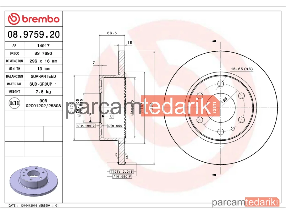 BREMBO 08975920 | Fren Diski (Arka, 296 mm) — Iveco Daily VI