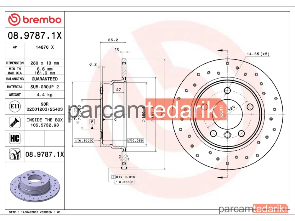 BREMBO 0897871X | Fren Diski (Arka, Delikli, Xtra)