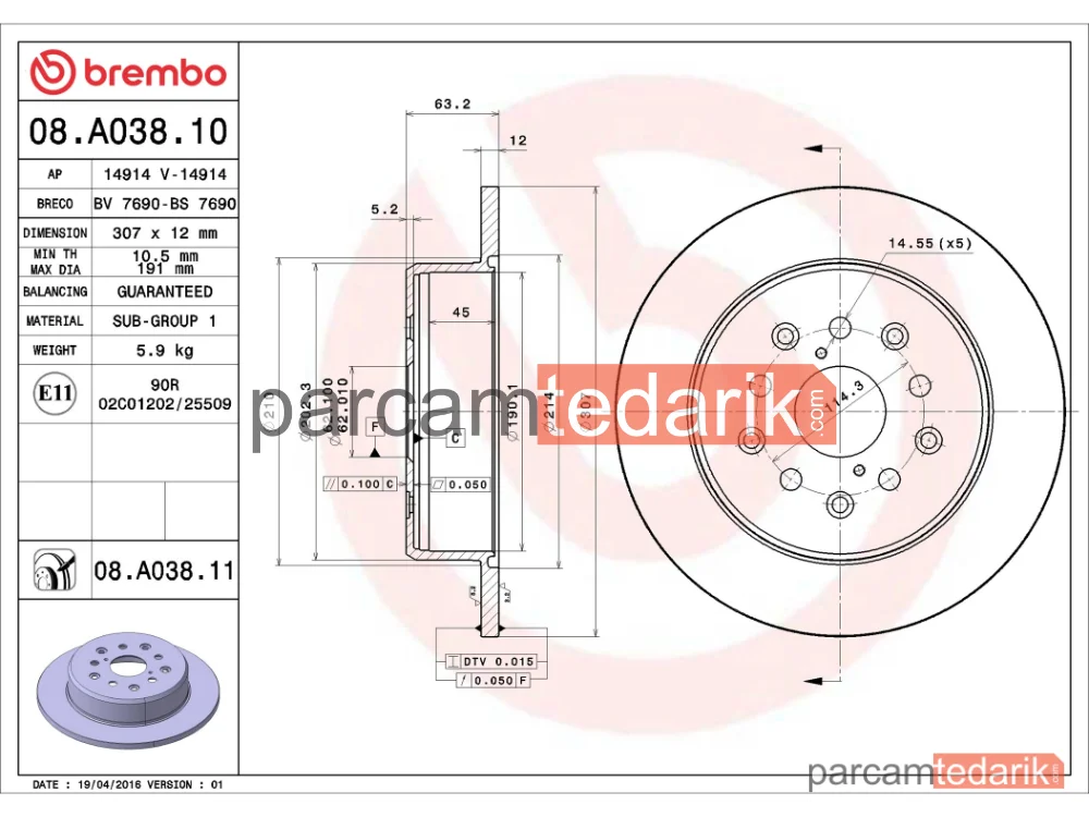 BREMBO 08A03811 | Fren Diski (Arka) — Lexus GS, Lexus IS I, Lexus IS Sportcross