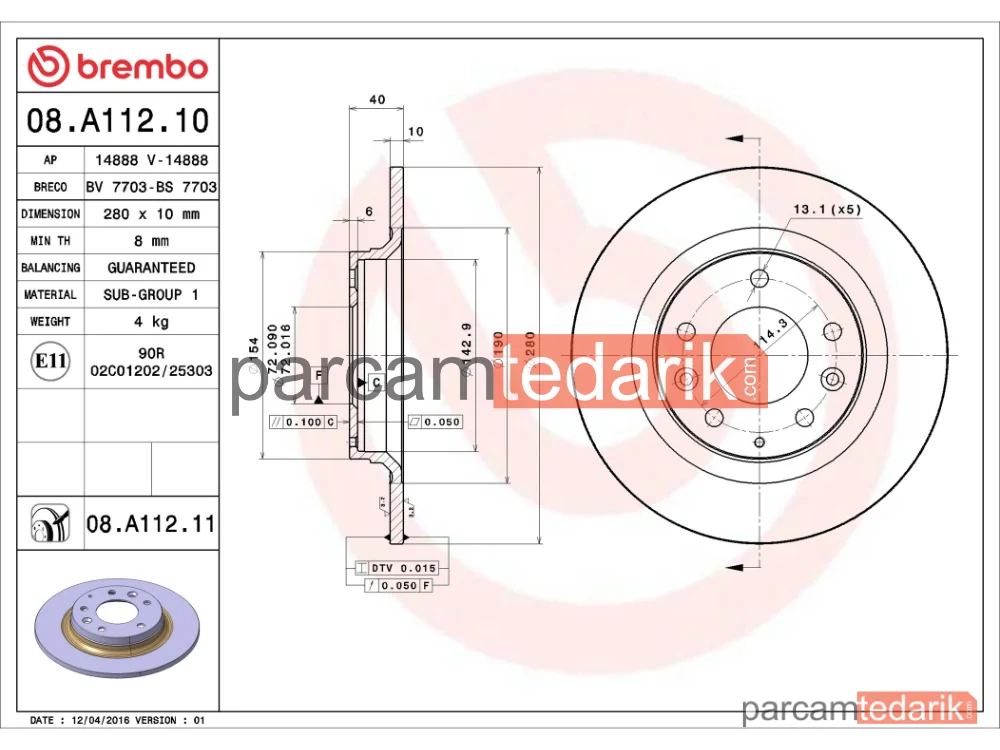 BREMBO 08A11211 | Fren Diski (Arka) — Mazda 6, Mazda 626 V, Mazda Premacy