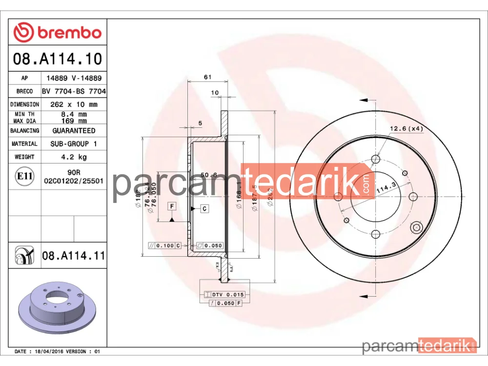 BREMBO 08A11411 | Fren Diski (Arka, Düz) — Hyundai Sonata IV, Hyundai Matrix, Kia Magentis I