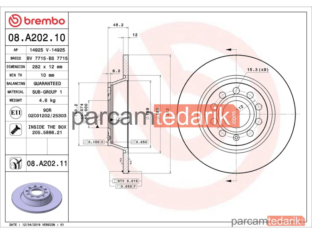 BREMBO 08A20210 | Fren Diski (Arka, 282x12 mm, 5×112) — VW Golf V, VW Passat B6 Variant, VW Tiguan