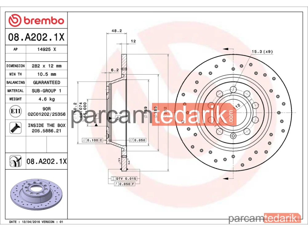 BREMBO 08A2021X | Fren Diski (Arka, Delikli, 282x12 mm, 5×112) — VW Golf V, VW Passat B6 Variant, VW Tiguan