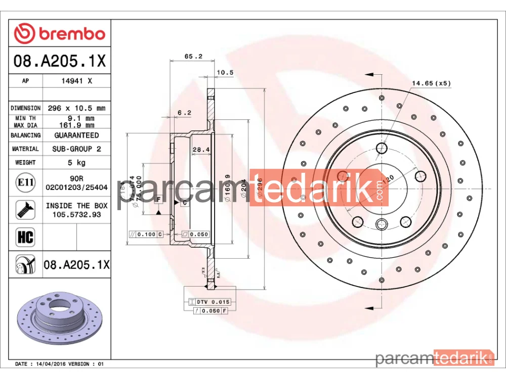 BREMBO 08A2051X | Fren Diski (Arka, Delikli) — BMW 1, BMW 3, BMW 3 Coupe