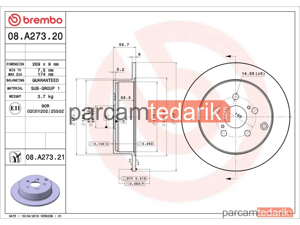BREMBO 08A27321 | Fren Diski (Arka) — Toyota Celica Coupe