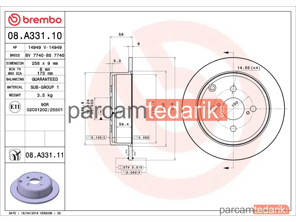 BREMBO 08A33110 | Fren Diski (Arka, Düz) — Toyota Corolla
