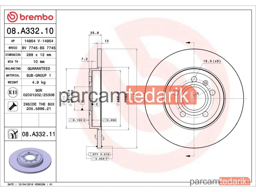 BREMBO 08A33211 | Fren Diski (Arka, 288x12 mm, 5×112) — Audi A4 B7, Audi A4 B7 Cabrio, Seat Exeo