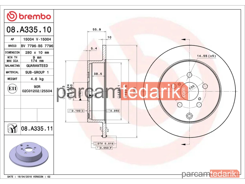 BREMBO 08A33510 | Fren Diski (Arka, Düz) — Toyota Avensis