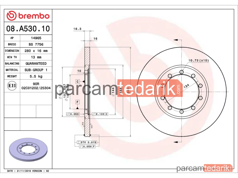 BREMBO 08A53010 | Fren Diski (Arka, 280 mm) — Ford Transit, Ford Transit Tourneo
