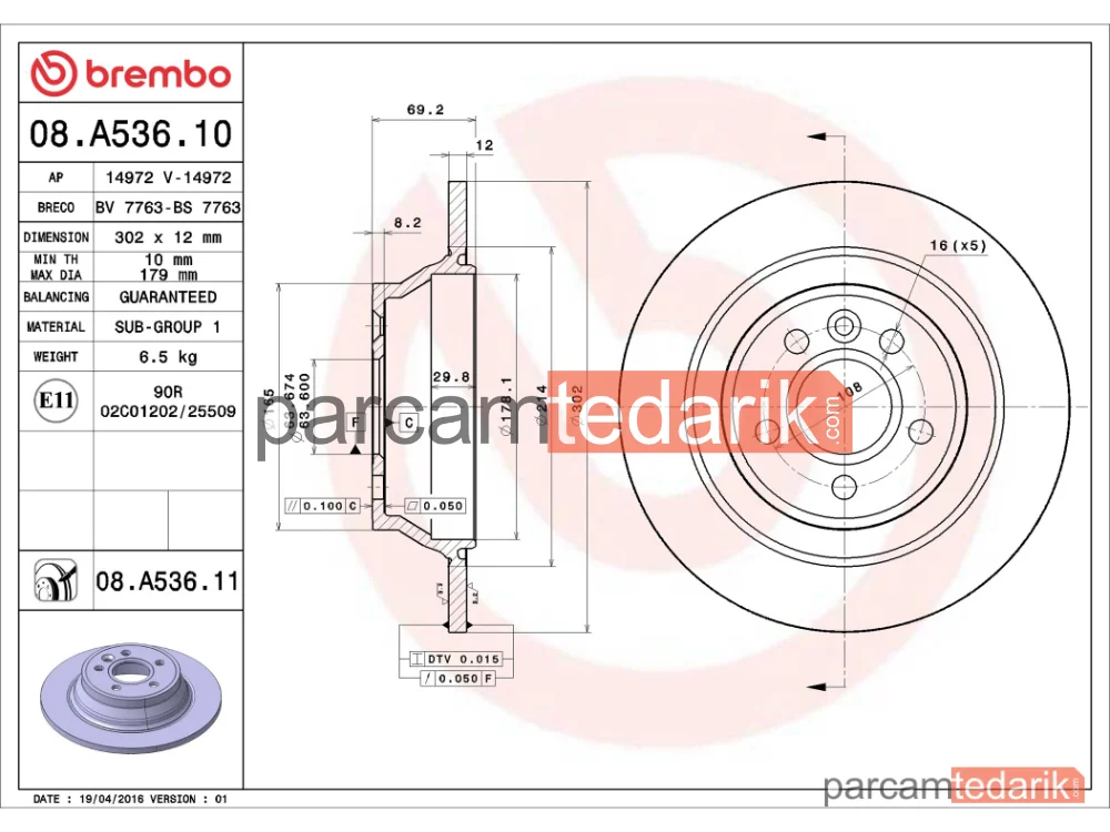 BREMBO 08A53611 | Fren Diski — Volvo V70 III, Volvo S80 II, Volvo XC70 II