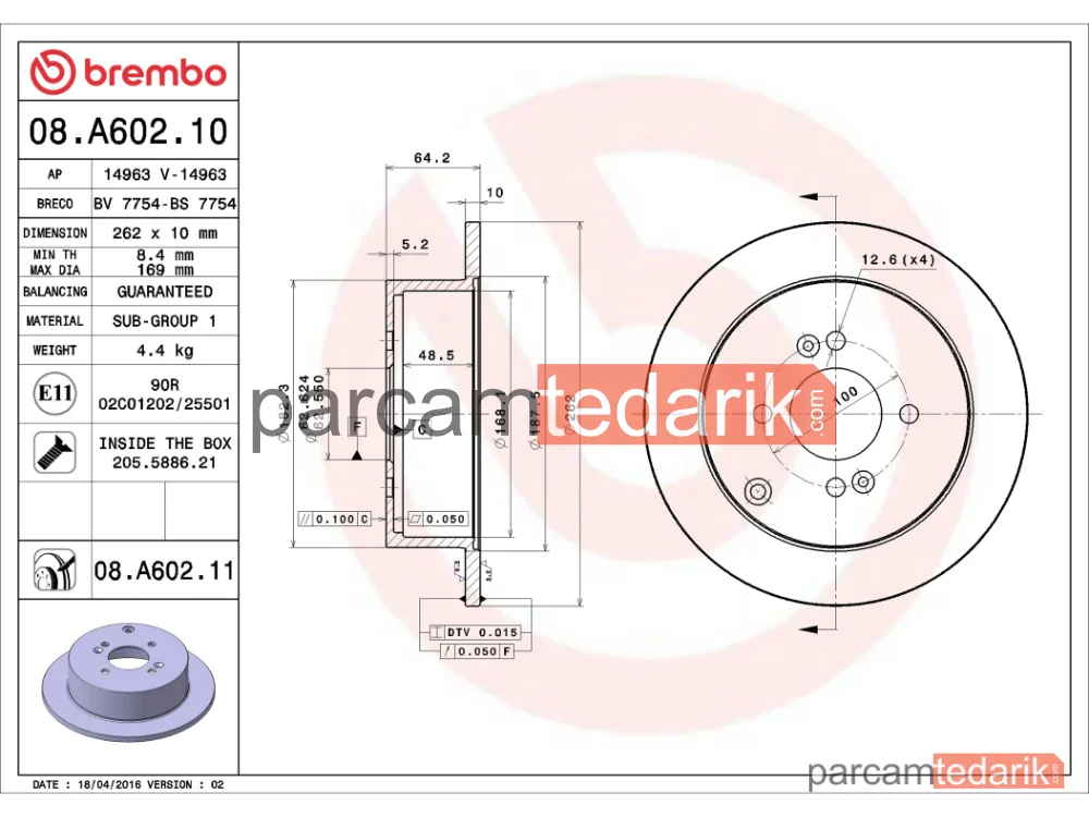 BREMBO 08A60210 | Fren Diski (Arka, Düz) — Hyundai i20 I, Hyundai Getz, Kia Rio II