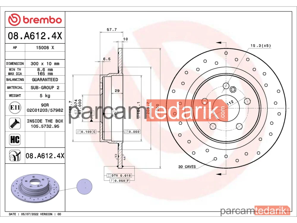 08A6124X | Fren Diski (Arka, Delikli) — Mercedes-Benz C-Serisi T-Model, Mercedes-Benz C-Serisi