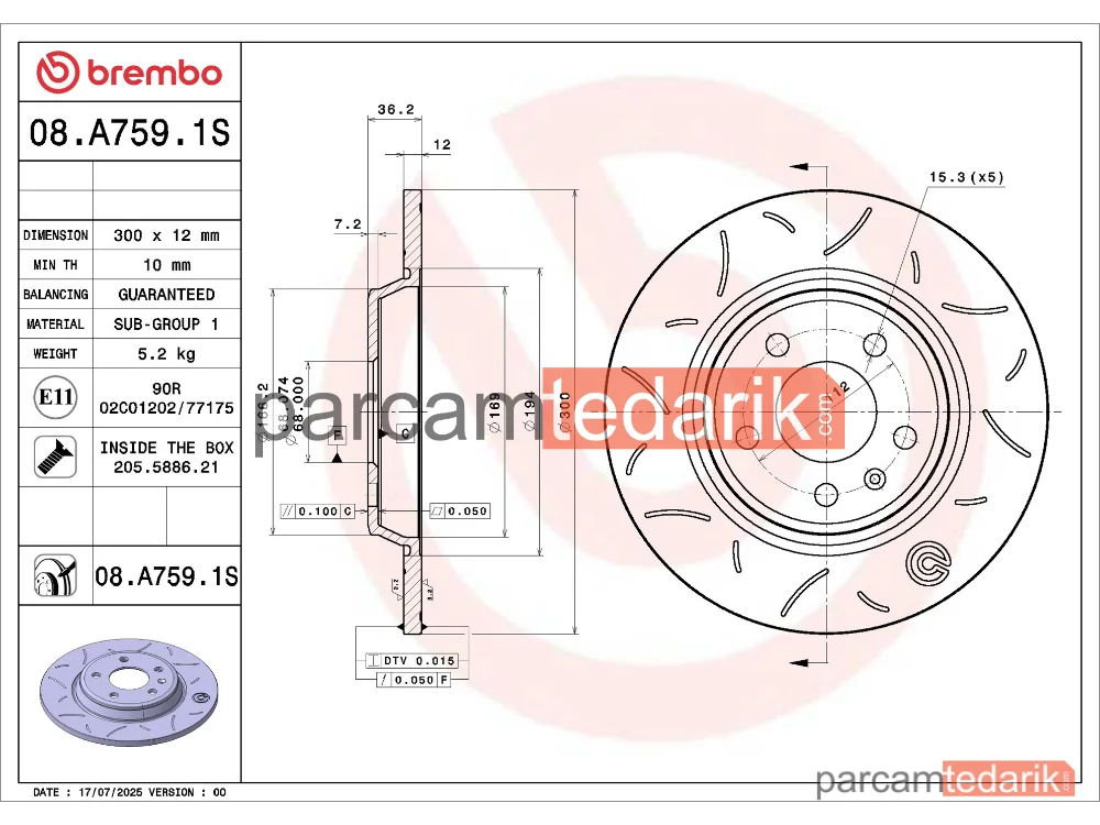 BREMBO 08A7591S | Fren Diski (Arka, 300x12 mm, 5×112) — Audi A6 C7, Audi A7, Audi A5