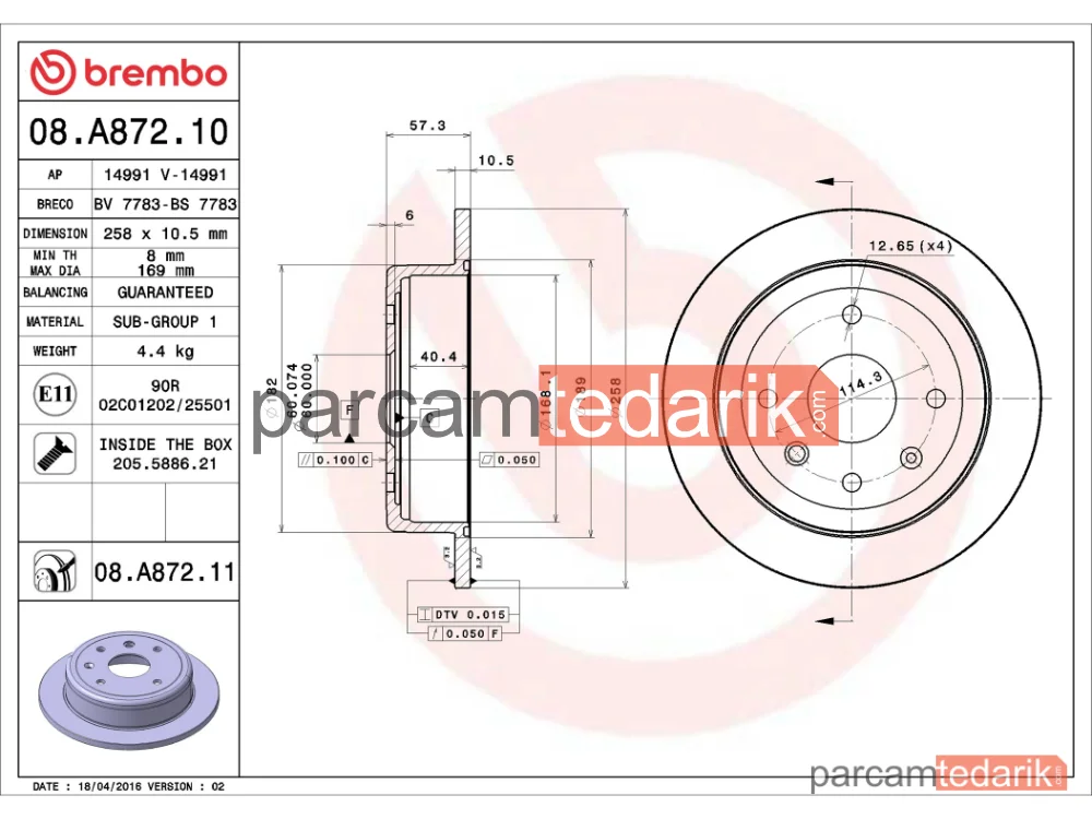 BREMBO 08A87210 | Fren Diski (Arka, Düz) — Daewoo Nubira, Chevrolet Lacetti, Daewoo Nubira Wagon