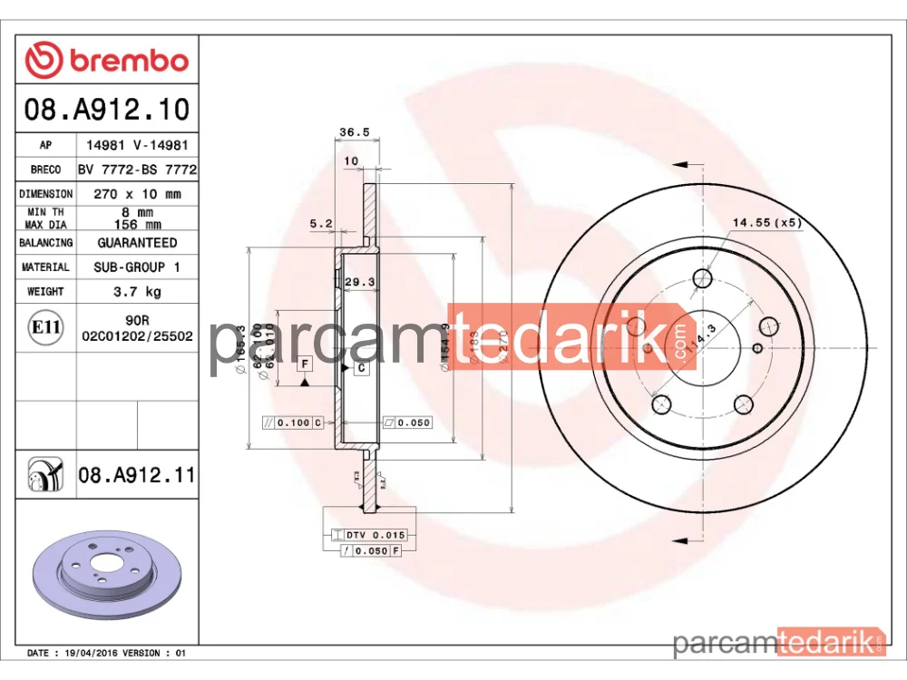 BREMBO 08A91211 | Fren Diski (Arka) — Toyota Auris