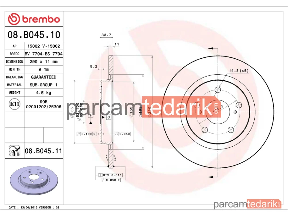 BREMBO 08B04510 | Fren Diski (Arka) — Toyota Avensis