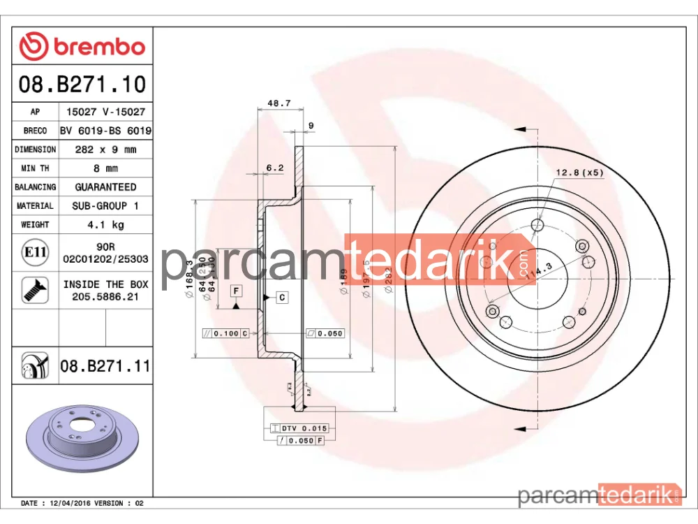 BREMBO 08B27111 | Fren Diski (Arka, Düz) — Honda Accord VIII, Honda Hr-V