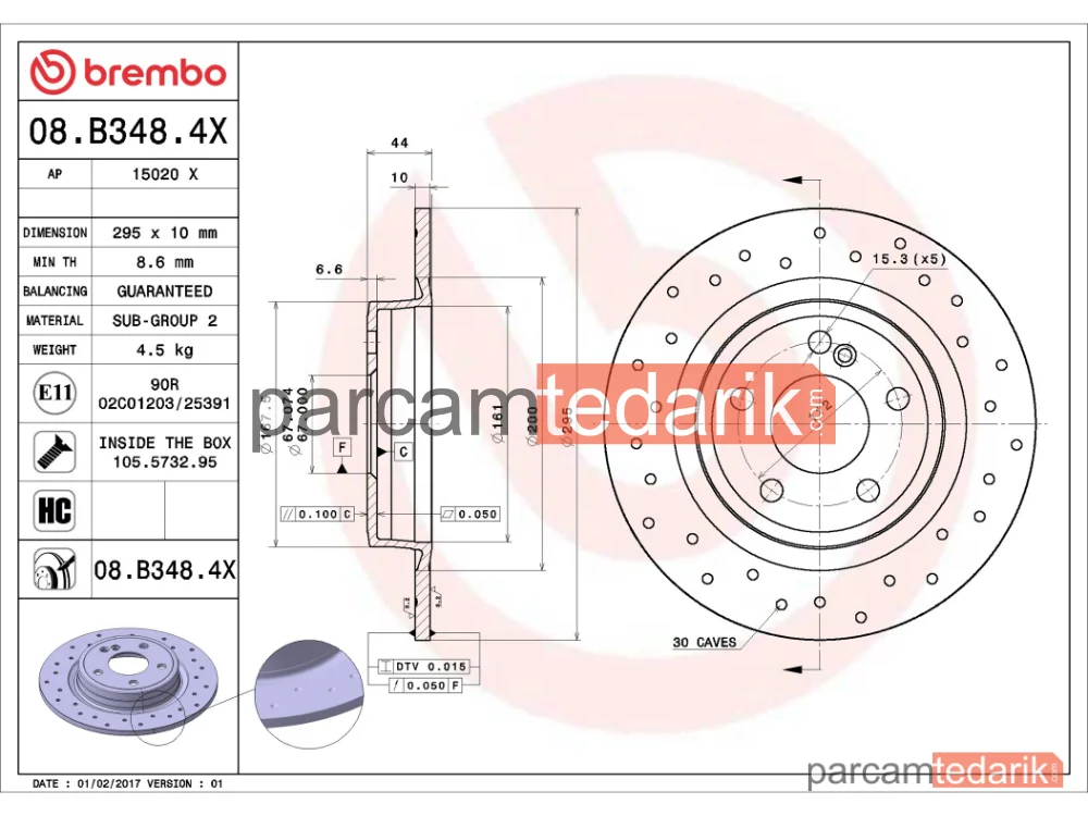 BREMBO 08B3484X | Fren Diski (Arka, Delikli) — Mercedes-Benz B-Serisi, Mercedes-Benz Gla-Serisi, Mercedes-Benz Cla Coupe