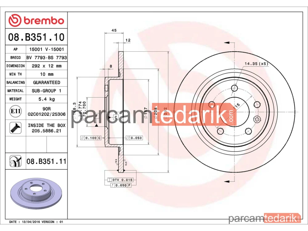 BREMBO 08B35111 | Fren Diski (Arka) — Opel Zafira Tourer C, Opel Astra J, Chevrolet Cruze