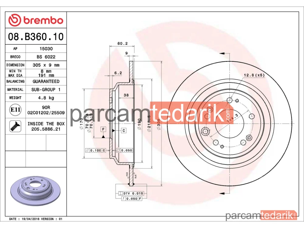 BREMBO 08B36010 | Fren Diski (Arka, Düz) — Honda Accord VIII, Honda Accord IX