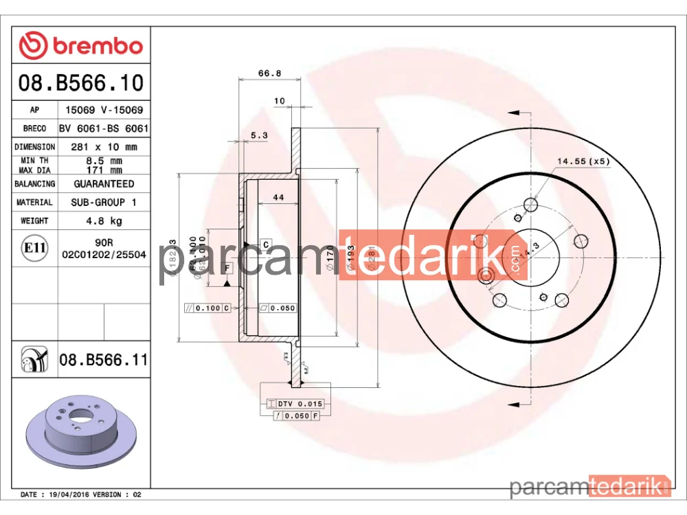 BREMBO 08B56611 | Fren Diski (Arka) — Toyota Camry