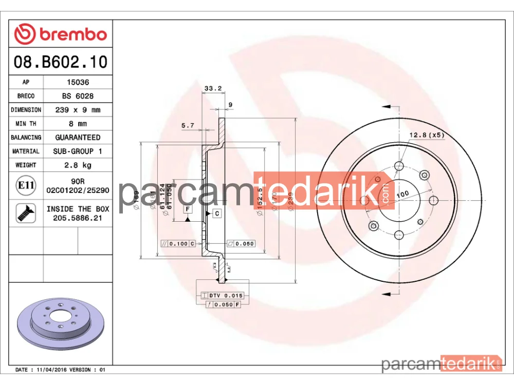 BREMBO 08B60210 | Fren Diski (Arka, Düz) — Honda Jazz III