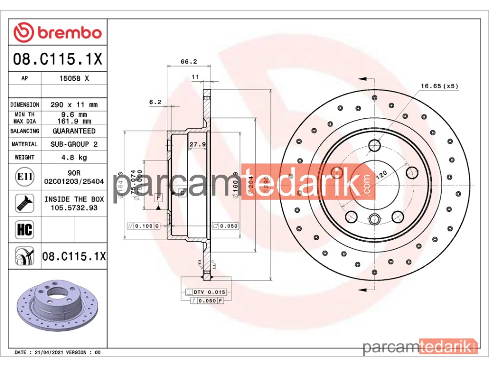 BREMBO 08C1151X | Fren Diski (Arka, Delikli, Xtra) — BMW 1, BMW 2 Coupe, BMW 2 Cabrio
