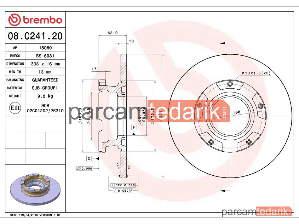 BREMBO 08C24120 | Fren Diski (Arka, 308 mm) — Ford Transit Custom V362, Ford Transit V363, Ford Tourneo Custom V362