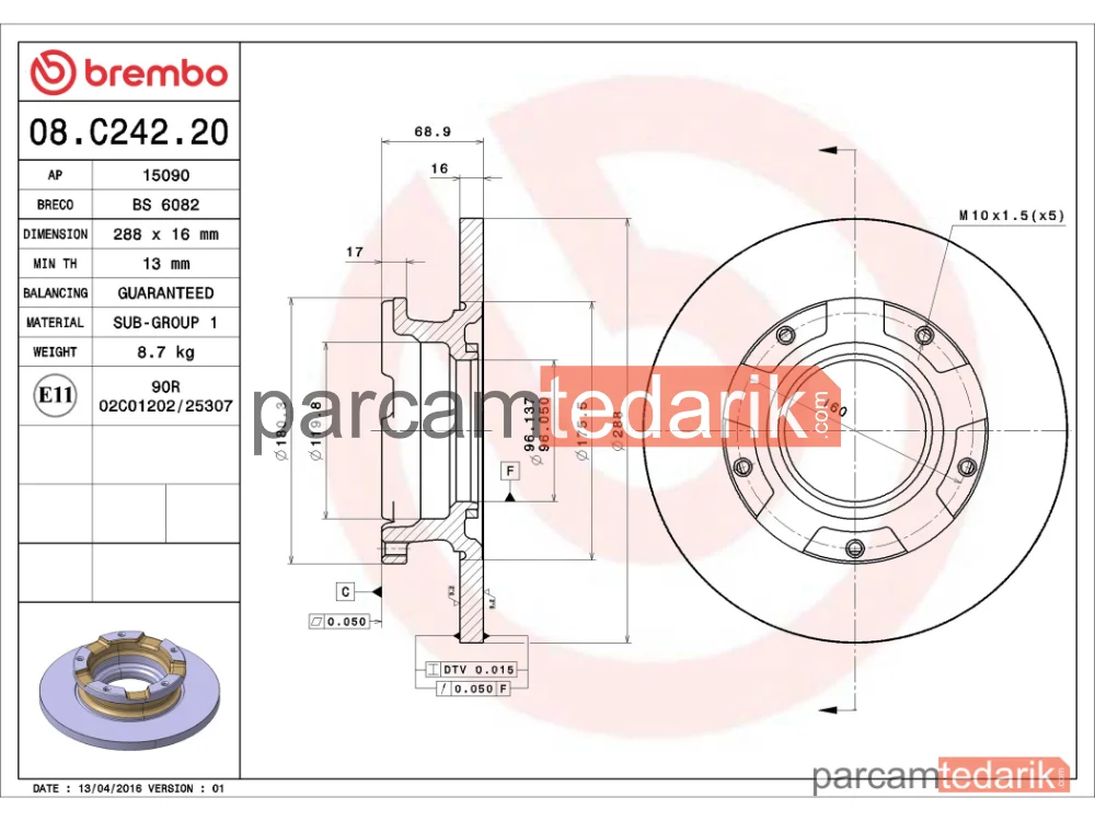 BREMBO 08C24220 | Fren Diski (Arka, 288 mm) — Ford Transit Custom V362, Ford Transit V363, Ford Tourneo Custom V362