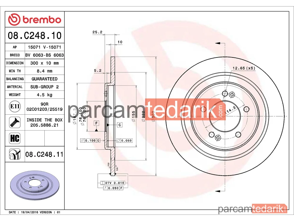BREMBO 08C24811 | Fren Diski (Arka) — Hyundai i40 I CW, Hyundai i40 I