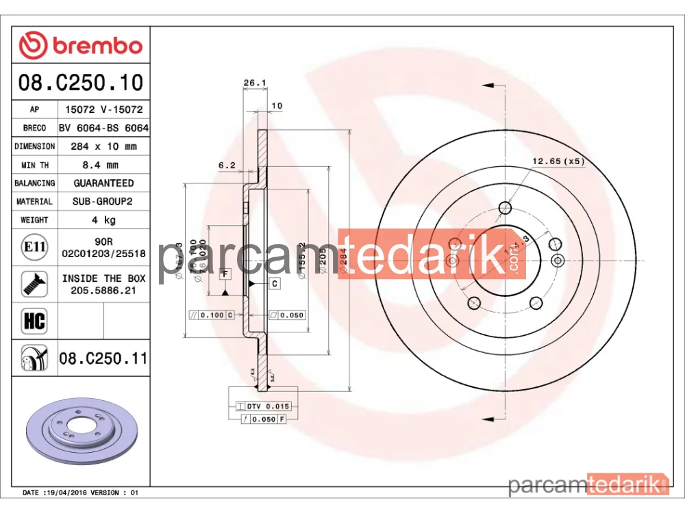 BREMBO 08C25011 | Fren Diski (Arka, Düz) — Hyundai i30 Coupe, Kia Ceed, Hyundai i30