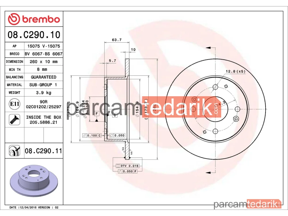 BREMBO 08C29011 | Fren Diski (Arka) — Honda Accord VI