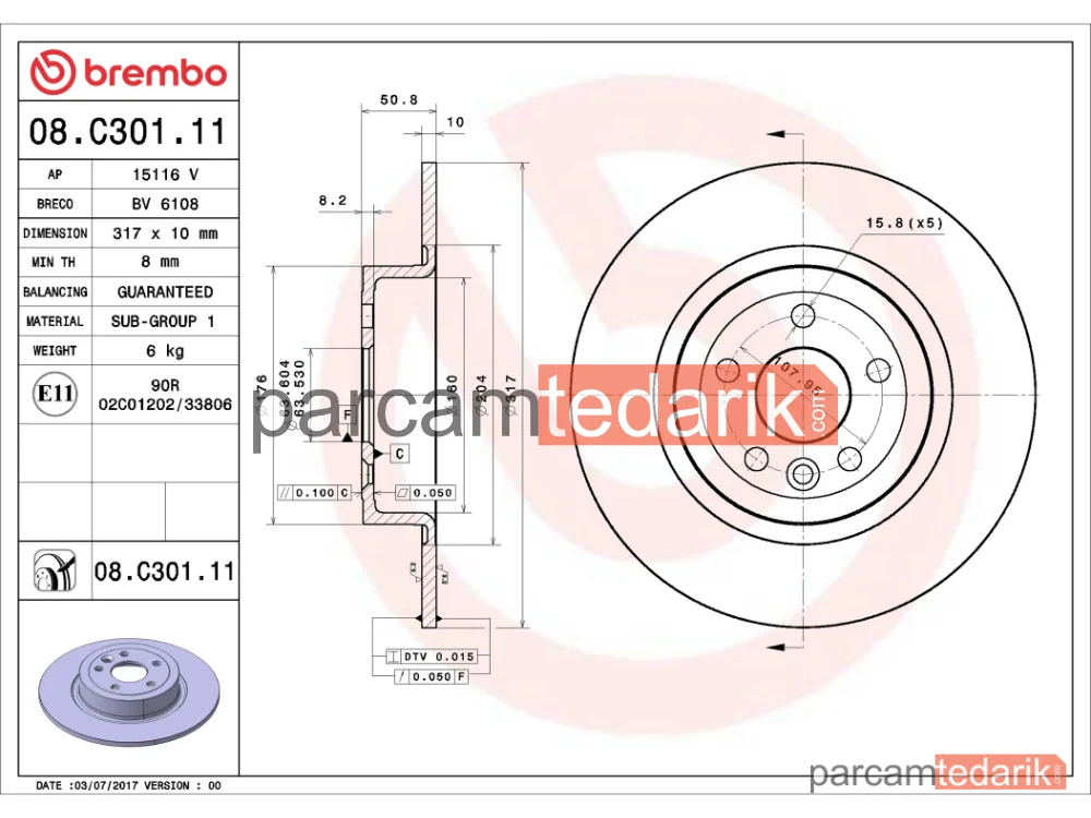 BREMBO 08C30111 | Fren Diski (Arka) — Land Rover Range Rover Evoque, Land Rover Range Rover Evoque Cabrio