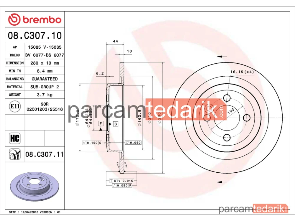 BREMBO 08C30711 | Fren Diski (Arka) — Mini, Mini Clubman, Mini Coupe