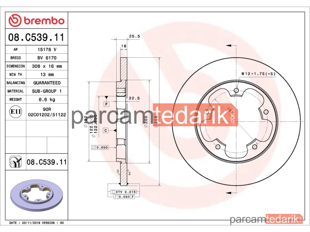 BREMBO 08C53911 | Fren Diski (Arka) — Ford Transit V363