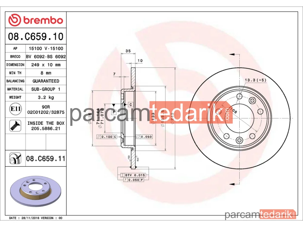BREMBO 08C65911 | Fren Diski (Arka) — Peugeot 308 SW II, Peugeot 308 II