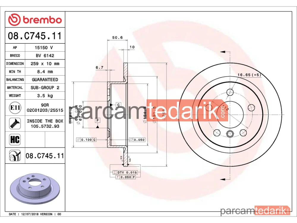 BREMBO 08C74511 | Fren Diski (Arka) — Mini, Mini Cabrio