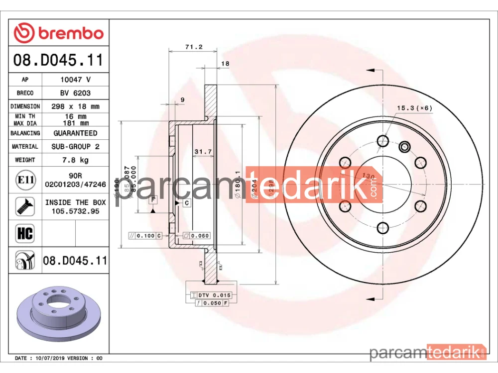 BREMBO 08D04511 | Fren Diski (Arka, 298 mm) — Mercedes-Benz Sprinter 3,5-t, Mercedes-Benz Sprinter 4-t