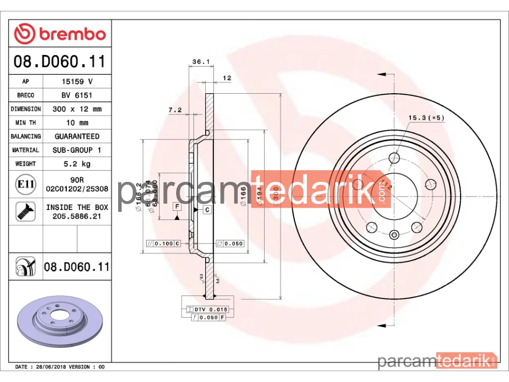 BREMBO 08D06011 | Fren Diski (Arka, 300x12 mm, 5×112) — Audi A4 B9, Audi A5, Audi A5 Cabrio