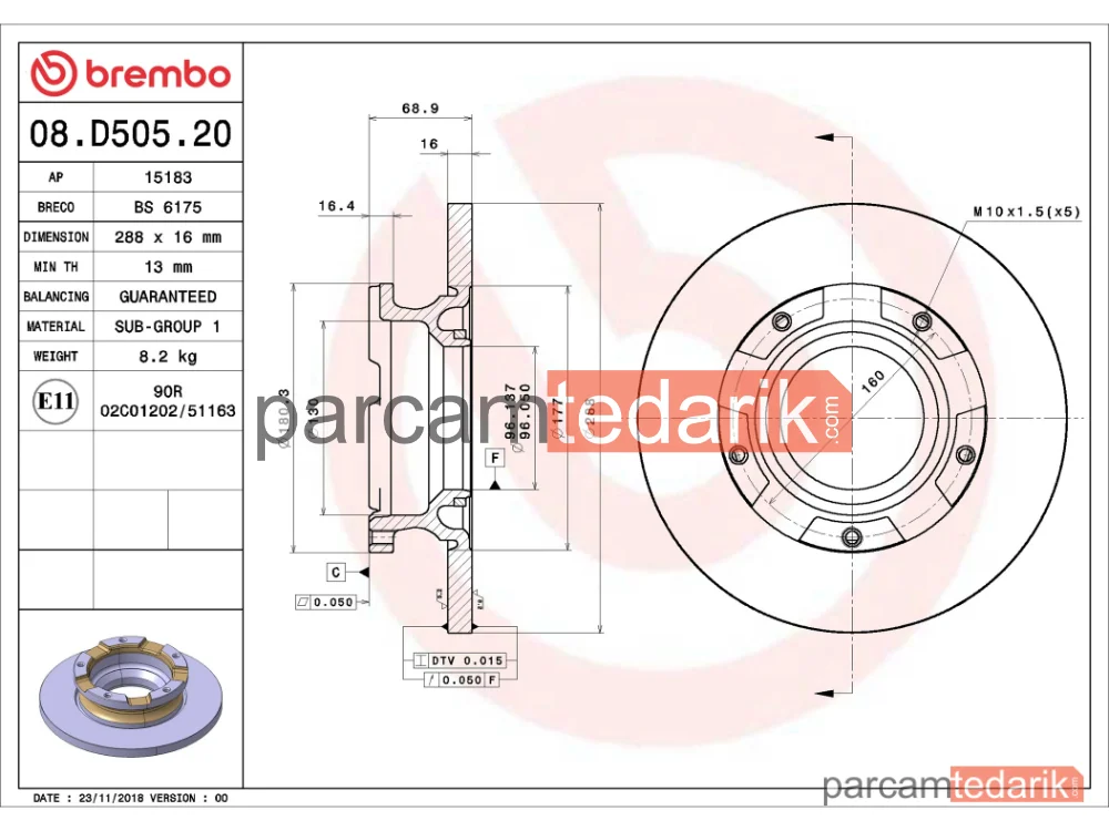 BREMBO 08D50520 | Fren Diski (Arka, 288 mm) — Ford Transit Custom V362, Ford Transit V363, Ford Tourneo Custom V362