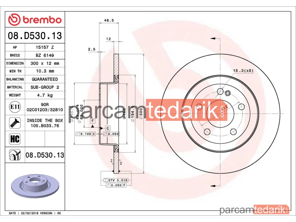 BREMBO 08D53013 | Fren Diski (Arka) — Mercedes-Benz C-Serisi, Mercedes-Benz C-Serisi T-Model