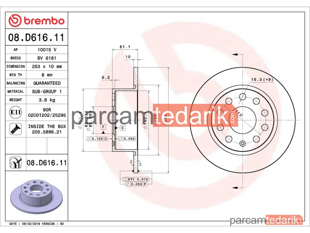 BREMBO 08D61611 | Fren Diski (Arka, 253x10 mm, 5×112) — Skoda Octavia III, Skoda Octavia III Combi