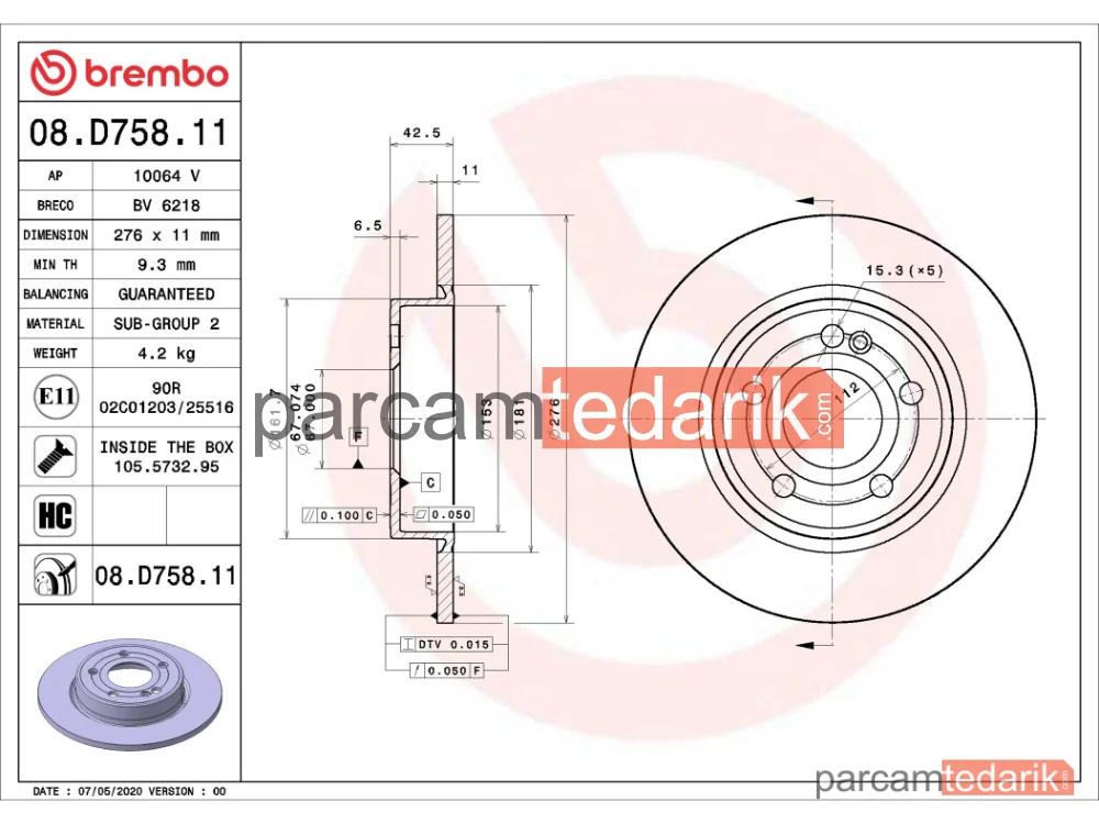 BREMBO 08D75811 | Fren Diski (Arka) — Mercedes-Benz A-Serisi, Mercedes-Benz B-Serisi, Mercedes-Benz Cla