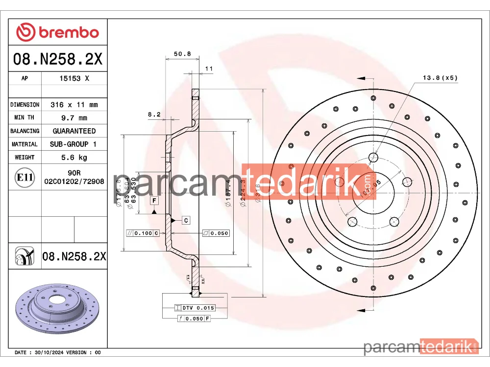 BREMBO 08N2582X | Fren Diski (Arka, Delikli, 316 mm) — Ford Mondeo V, Ford Kuga II, Ford Usa Edge