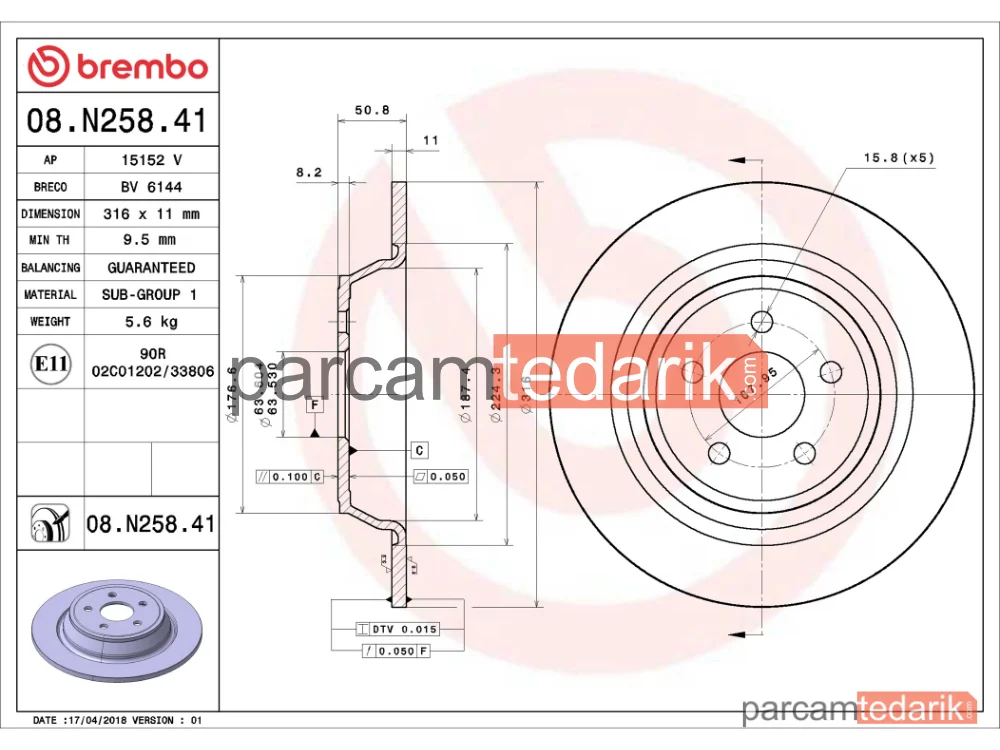 BREMBO 08N25841 | Fren Diski (Arka) — Ford Galaxy III, Ford S-Max, Ford Usa Edge