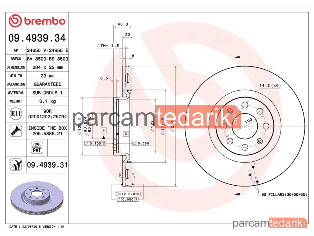 BREMBO 09493931 | Fren Diski (Ön, 284 mm) — Fiat Grande Punto, Fiat Punto Evo, Opel Corsa E