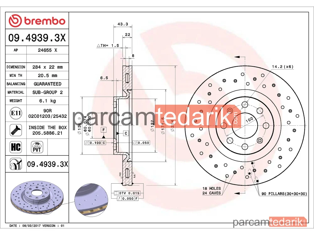 BREMBO 0949393X | Fren Diski (Ön, 284 mm) — Fiat Grande Punto, Fiat Punto Evo, Opel Corsa E