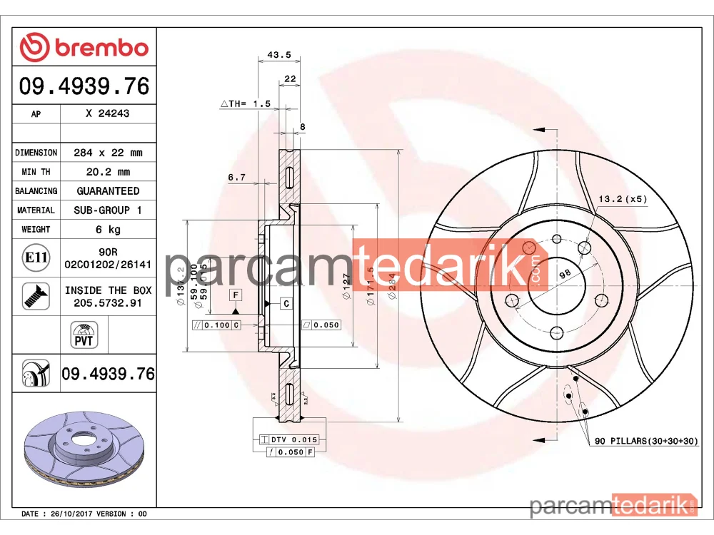 BREMBO 09493976 | Fren Diski (Ön, 284 mm) — Alfa Romeo 156, Alfa Romeo 156 Sportwagon, Fiat Doblo Cargo