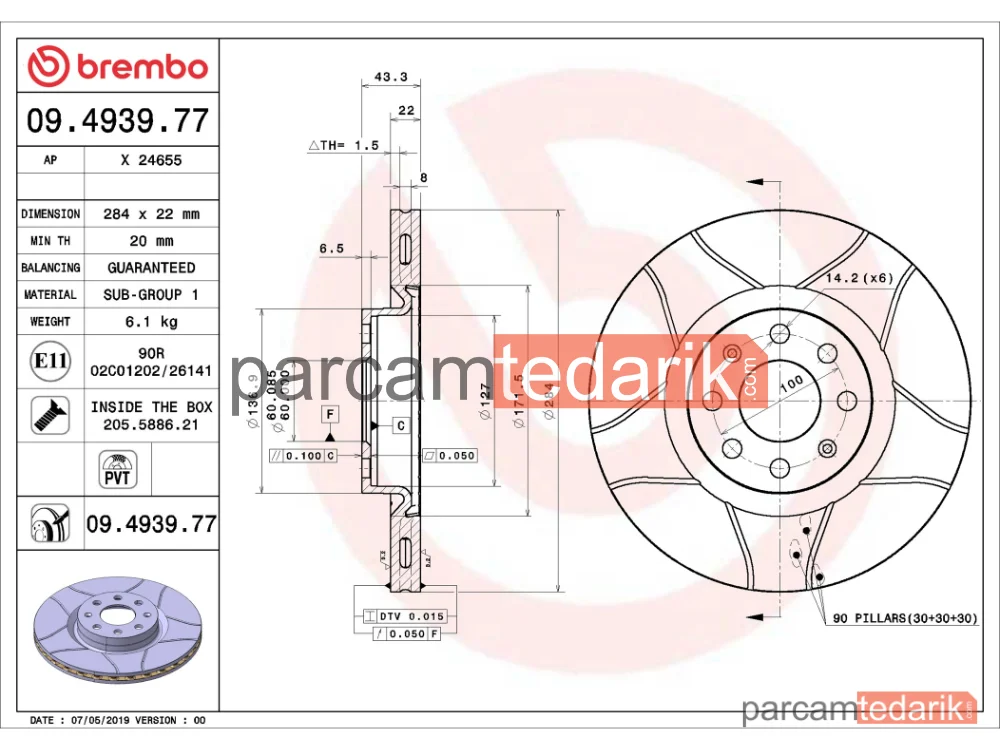BREMBO 09493977 | Fren Diski (Ön, 284 mm) — Fiat Grande Punto, Fiat Punto Evo, Opel Corsa E